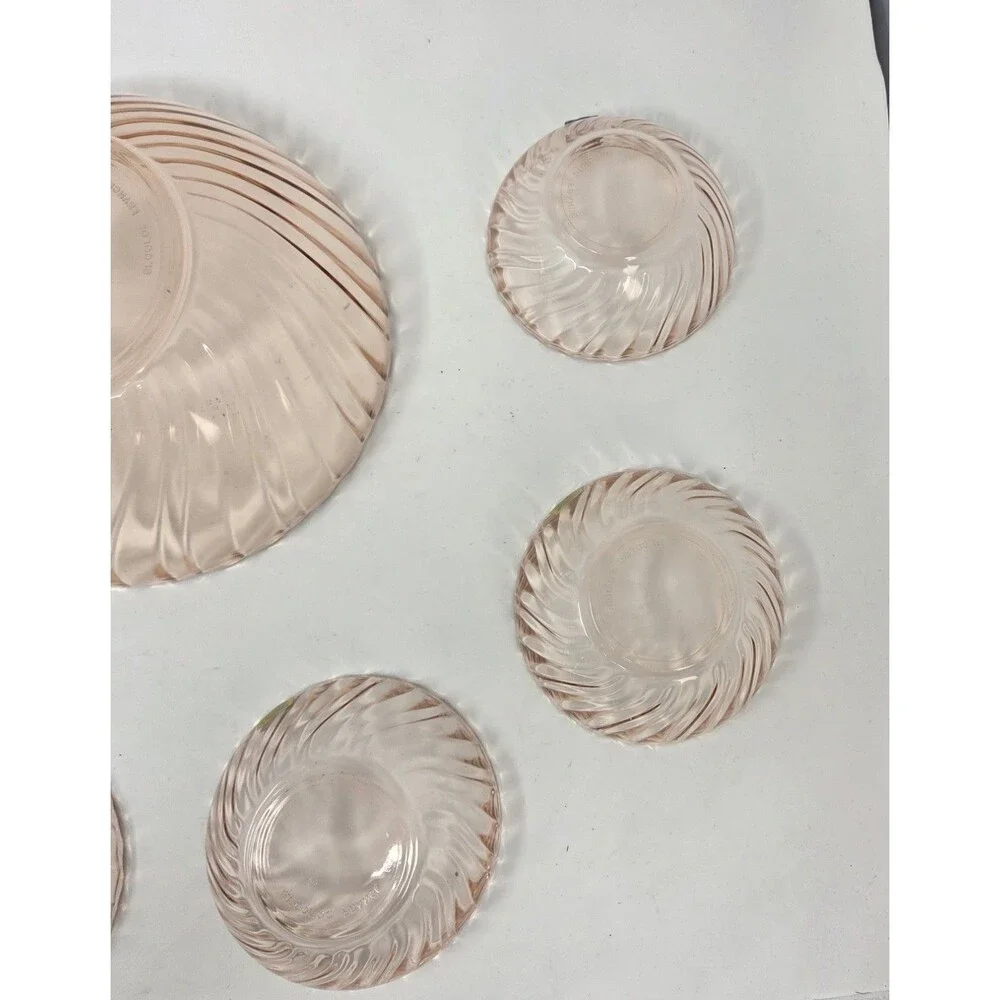 Arcoroc France Rosaline Pink Swirl Glass‎ Salad Bowl Set 7 Pc Vintage 1970s